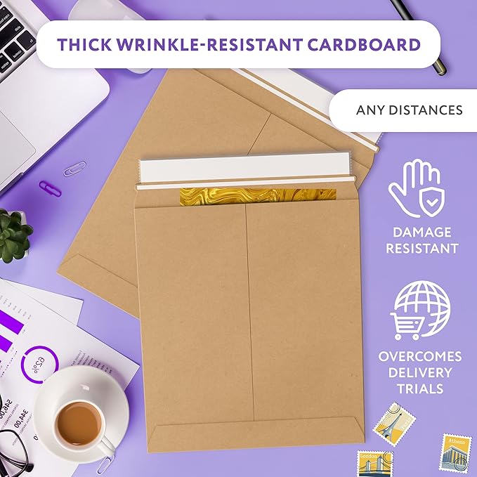 Natural Kraft Rigid Mailers, 9.75 x 12.25 Inches. Pack of 10 Paperboard Envelopes. Sturdy Stay Flat Mailers with Self-Seal Closure. Recyclable Hard Envelopes for Mailing. Stayflat Mailer