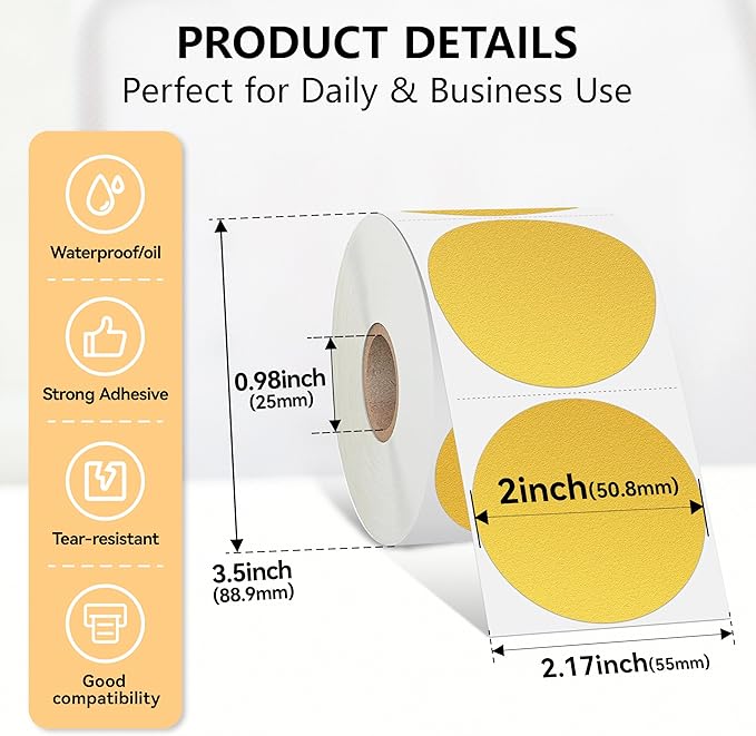 2 inch Dot Stickers Labels Circle Garage Sale Sticker 750Pcs Round Thermal Printer Stickers Printable Writable Price Labels for Yard Sale, Gold