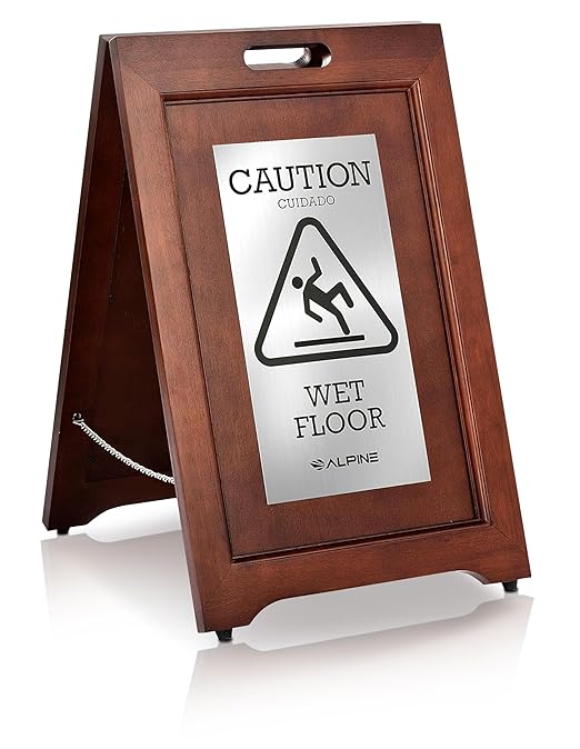 Alpine Wooden Wet Floor Sign – High-End Slippery When Wet Caution Sign, Bilingual English & Spanish, Stainless Steel Plate, Foldable, Rubber Tips, Safety Warning for Hotels, Restaurants & Offices