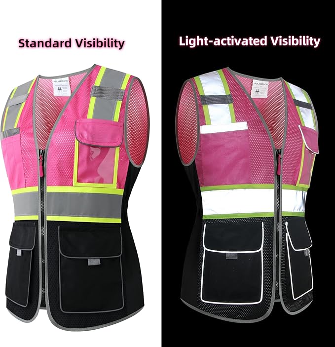 Safety Vest for women, Hi vis Reflective Lady Work vest With 9 Multi Pocket And Zipper