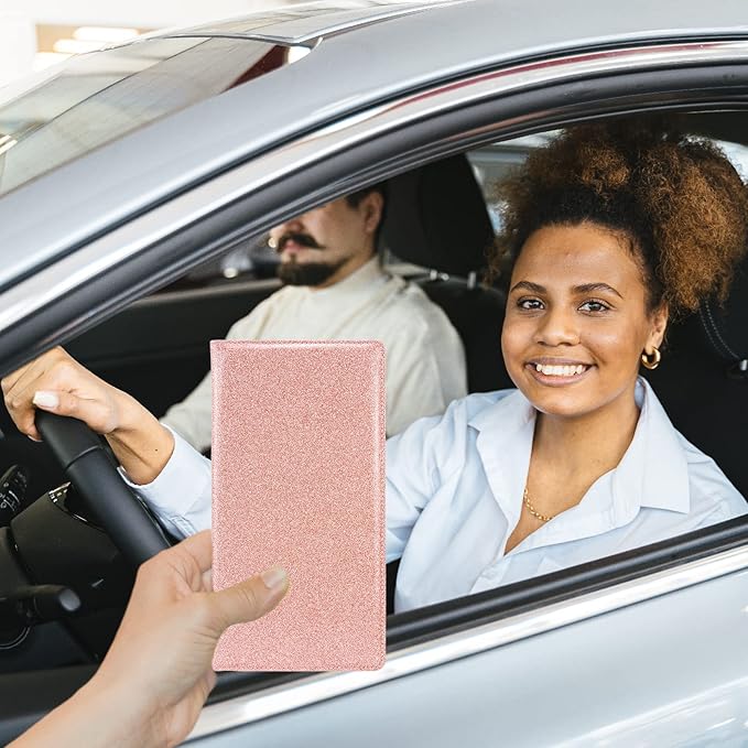 Car Registration and Insurance Holder, Leather Magnetic Shut Vehicle Glove Box Organizer for Document, Card, Driver License, Glitter Rose Gold