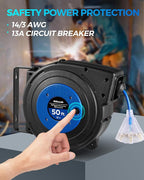 Retractable Extension Cord Reel, 50 FT Heavy Duty Power Cord, 14AWG/3C SJTOW, 3 Grounded Outlets Lighted Triple Tap, 13 Amp Circuit Breaker, UL Listed, Blue U50CR06
