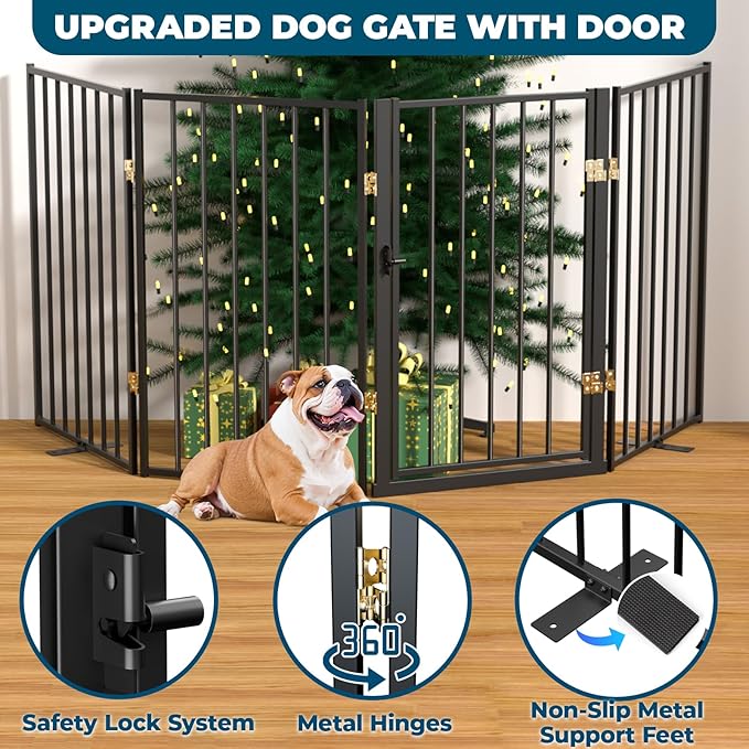 Metal Freestanding Dog Gate Outdoor-4 Panels with Door, Extra Wide Foldable Pet Fence with Pet Monitor Adapter, 32'' Height Tall Dog Gate for Doorways, Stairs, Hallways, Yard, Indoor
