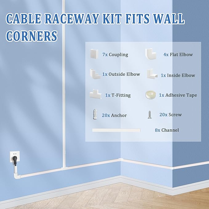 Wire Covers for Cords On Wall - Cord Management on Wall for Home and Office, Paintable PVC Cable Raceway Cover (White, 125")