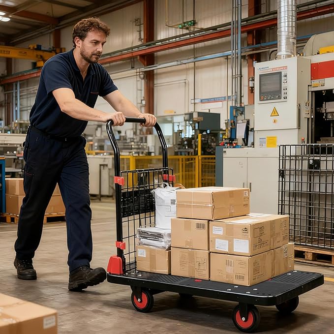 Platform Truck Cart with Cage, 35 * 23 * 20 in 1000LBS Capacity Folding Cart with Wheels,Heavy Duty Hand Moving Cart,Foldable Dolly with Basket for Warehouse Luggage Moving