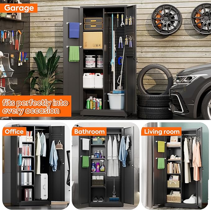 Broom Closet Storage Cabinet with 5 Pegboard, Hanging Rod &13 Hooks, Utility Metal Garage Storage Cabinets with Doors and 4 Shelves for Garage Home Storage, Black,61.6" Hx27.6 Wx13.8 D