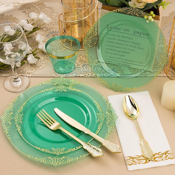 175PCS Clear Green Plastic Plates for 25 Guests, Disposable Plates with Gold Trim include 50 Dinner Plates, 75 Gold Silverware, 25 Cups, 25 Napkins for Party, Wedding and Graduation