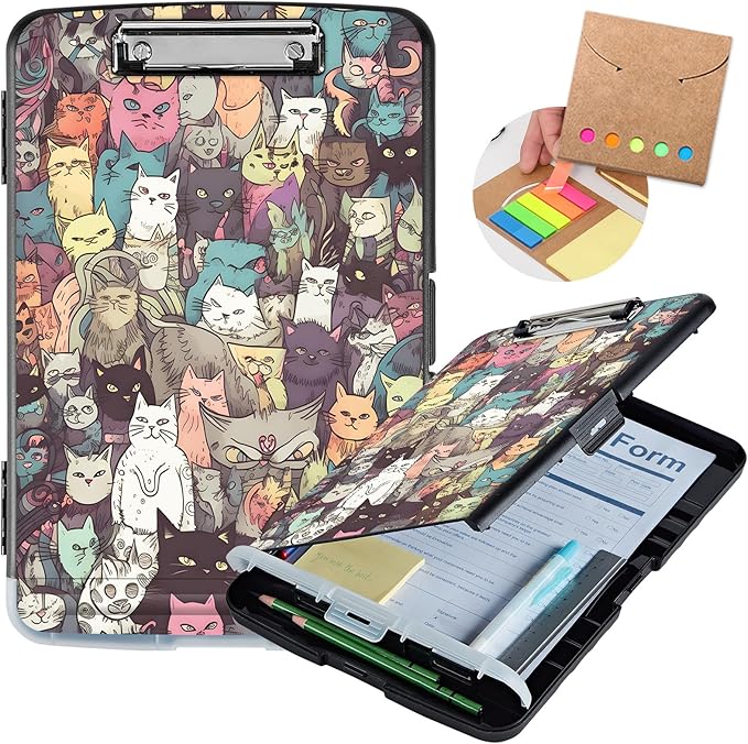 Clipboard with Storage,Storage Clipboard with Pen Holder,Heavy Duty Plastic Storage Clipboard with Low Profile Clip, Clipboard Folder, Teacher Must Haves, Office Supplies,Colorful Cats