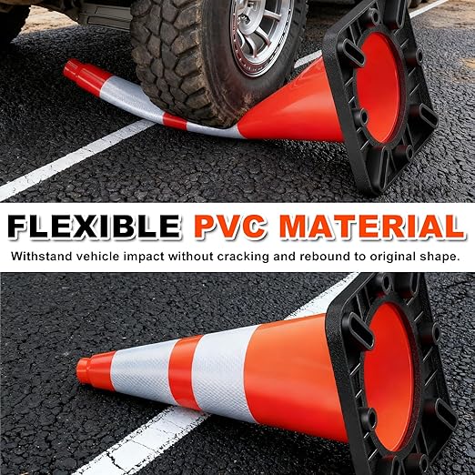 28" Orange PVC Construction Cones - 8 Pack with Reflective Collars & Black Base, for Roadwork, Parking, and Crowd Control Safety