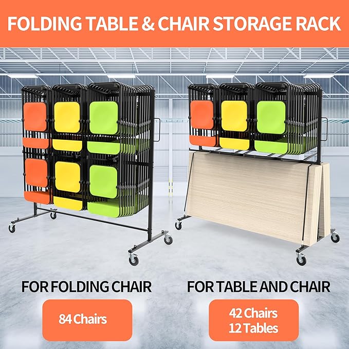 Folding Chair Rack for Storage,Folding Chair Cart 84 Chairs on Wheels Table Storage Cart 600 LBS Capacity Heavy Duty Steel Mobile Dolly Storage Rack with Dust Cover & Elastic Cords
