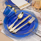 175PCS Clear Blue Plastic Plates for 25 Guests, Disposable Plates with Gold Trim include 25 Dinner and Dessert Plates, 75 Gold Silverware, 25 Cups, 25 Napkins for Party, Wedding & Graduation