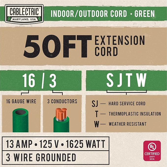 50 ft Outdoor Extension Cord 3 Prong, 16/3 SJTW Weatherproof Green Extension Cord 50ft, 13 Amp Heavy Duty Exterior Power Cable for Outside, Landscaping & Outdoor Lights