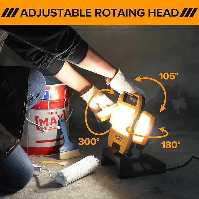 LUTEC 91.6W 10000 Lumen LED Work Light, Foldable Work Lights with 3 Adjustable Head, Portable Corded Construction Lights Job Site Lighting