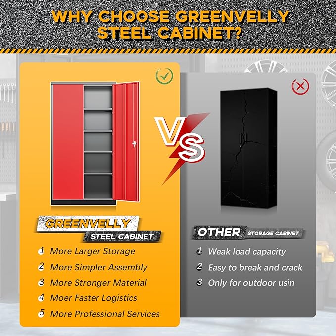 Greenvelly Metal Storage Cabinet with 2 Doors and 4 Adjustable Shelves, 72”H Steel Lockable Storage Cabinet,Tall Metal Garage Cabinet Locking File Cabinet for Office,Home, Garage, Gym, School