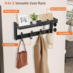 Coat Rack Wall Mount with Shelf, Coat Hanger Wall Mount with Key Hooks and Mail Holder, Wood Entryway Floating Shelf with Hooks and Storage, Hat Rack for Wall Key Holder Mail Organizer