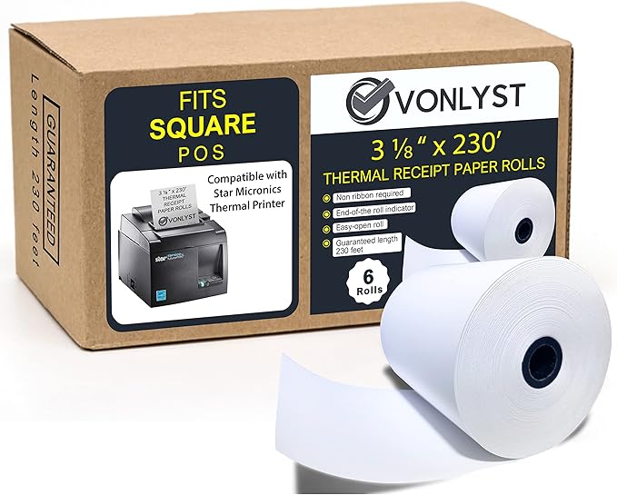 Receipt Paper Roll 3 1/8 x 230 for Square Register and Square POS System connected to Star Micronics Thermal Printer (Pack 06 rolls)