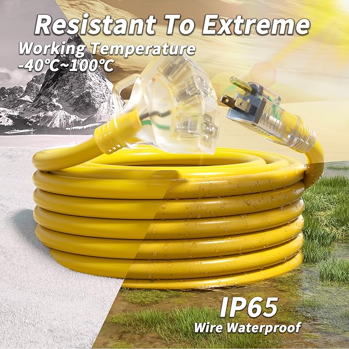 50 FT 10 Gauge Outdoor Extension Cord with Multiple Outlets Light Indicator, Flexible 3 Outlet Weatherproof Heavy Duty Extension Cord Waterproof Yellow, 15A 1875W 10AWG SJTW, ETL Listed