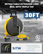 DEWENWILS 30 Ft Retractable Extension Cord Reel, Ceiling/Wall Mount 16/3 Gauge SJTW Power Cord with 3 Electrical Outlets Pigtail for Garage and Shop, 10 Amp Circuit Breaker, Metal Plate, UL Listed