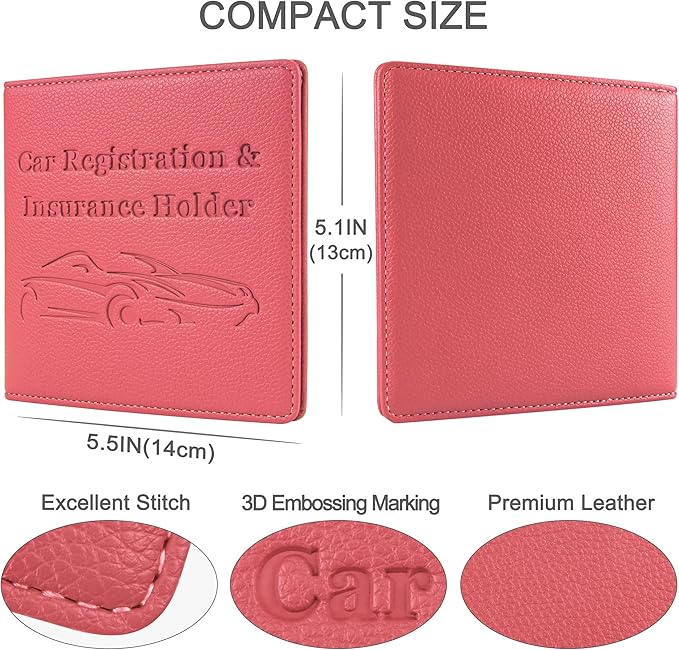 Car Registration and Insurance Holder, Premium PU Leather Vehicle Glove Box Car Organizer Men Women Wallet Accessories Case for ID, Driver's License - Pink