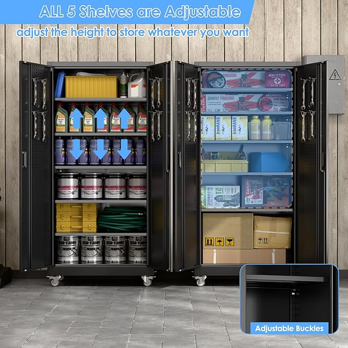 SUXXAN Metal Garage Storage Cabinet with Wheels and Pegboard 71'' x 34'' x 18'', Lockable Rolling Steel Cabinet with 5 Adjustable Shelves and Door for Garage, Office, Kitchen, Assembly Required(Black)