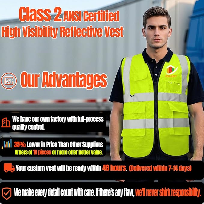 BeautyWill 10/20 Pack Custom Logo Safety Vest,Bulk High Visibility Class 2 Reflective Work Vests