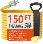 HUANCHAIN 150 ft 14/3 Gauge Heavy Duty Outdoor Extension Cord Waterproof with Lighted, Flexible Cold Weather 3 Prong Electric Cord Outside, 13A 1625W 125V 14AWG SJTW, Yellow, ETL Listed