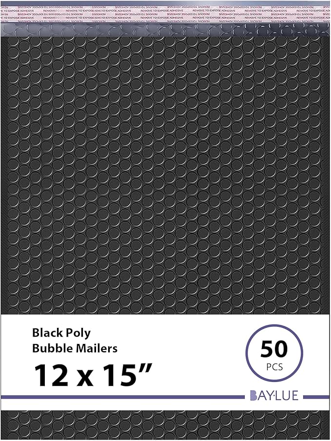Black Large Poly Bubble Mailers 12x15 inch | Self Seal Padded Envelopes Cushioned Bubble Mailer | Usable Size 12x15 | WaterProof | Lightweight mailing Shipping Bags | 50 Pack Bulk