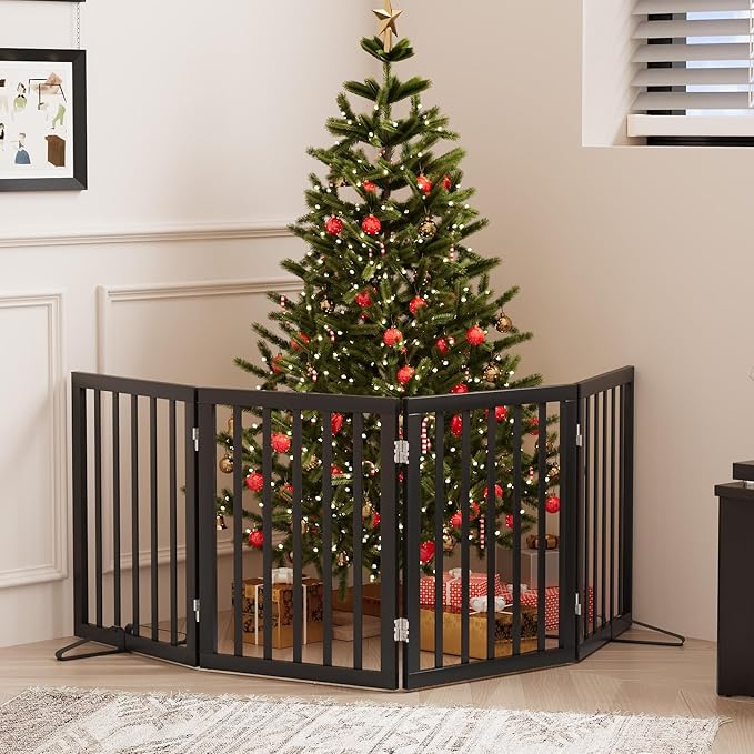 Freestanding Foldable Dog Gate - 4 Panel Room Divider with Metal Support Feet (Black)
