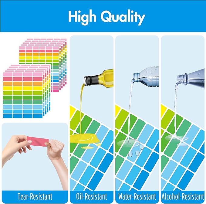 620 PCS Removable Labels, 14 Colors Self-adhesive Stickers Water/Oil/Tear Resistant Sticker for for Food Containers, Kitchen, Files, Jars, Pantry Storage, Office, Bathroom, School (10 Sheets, 2 Sizes)