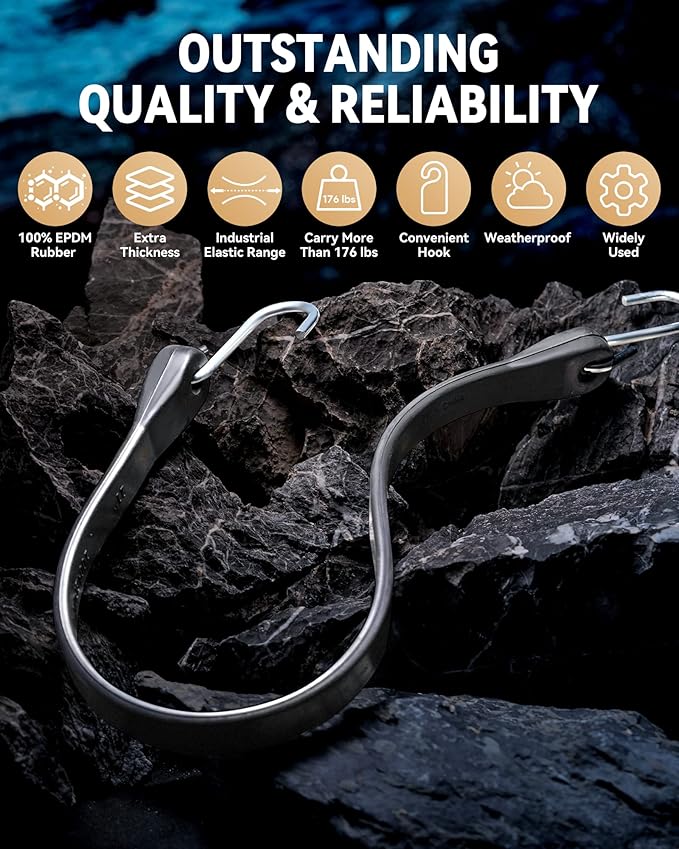 10'' Rubber Bungee Cords Heavy Duty Outdoor with 18" Max Stretch & Over 176 lbs Load, 100% EPDM Black Bungee Straps with Crimped S Hooks for Cargo, Tarps, Truck, Motorcycle, Weatherproof (10 Pack)