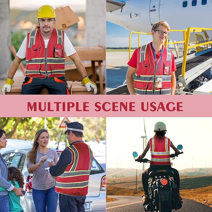 Reflective Safety Vest for Men Women, High Visibility Safety Vest with 8 Pockets Zipper Front, Meets ANSI Standards