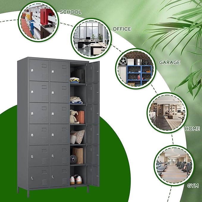 72" inch Employee Locker, Tall Metal Storage Locker with 18 Doors for Employees School Hospital Garage Gym Home Office with Hooks Requires Assembly (Dark Gray)