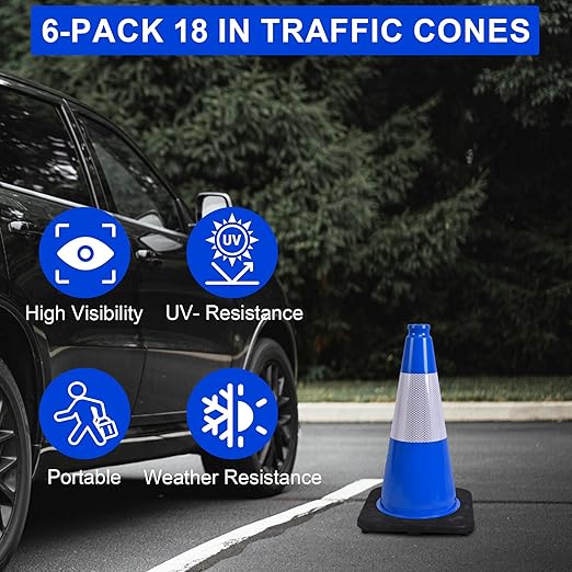 OrangeStar 18" Traffic Cones 6-Pack Blue Safety Cones with Reflective Collars, Heavy Duty Base for Construction, Parking Lot, Road Work, Flexible PVC, Indoor & Outdoor Use