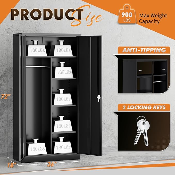 INTERGREAT Metal Wardrobe Closet, 72" Black Locking Storage Wardrobe Cabinet with Locking Doors and Adjustable Shelves, 18" D x 36" W Tall Steel Clothes Storage for Office, Home, School, Gym
