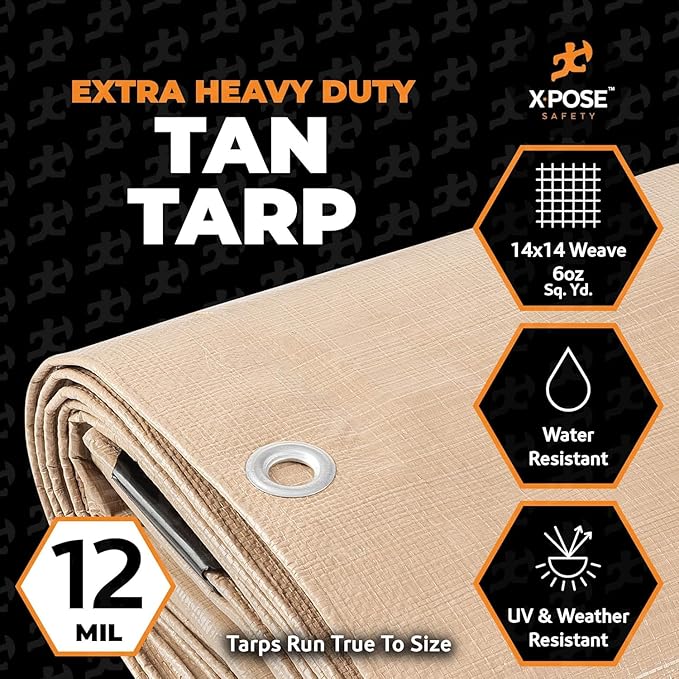 Heavy Duty Tan Poly Tarp 20' X 40' - Bulk Half Pallet (22 Pack) - Multipurpose Protective Cover - Durable, Weather Proof & Tear Resistant - 12 Mil Thick Polyethylene - by Xpose Safety