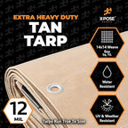 Heavy Duty Tan Poly Tarp 20' X 20' - Bulk Full Pallet (80 Pack) - Multipurpose Protective Cover - Durable, Weather Proof & Tear Resistant - 12 Mil Thick Polyethylene - by Xpose Safety