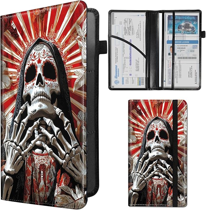 Car Registration and Insurance Card Holder - Santa Muerte Leather Document Organizer & Bifold wallet for License, Insurance Cards | Fits Vehicle Glove Box & Visor