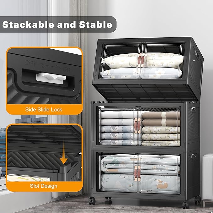 Extra Large Stackable Storage Bins with Lids & Wheels & Door, 480QT-160QT/40GAL*3Pack Foldable Collapsible Closet Organizers, Plastic containers drawers for bedroom Dorm