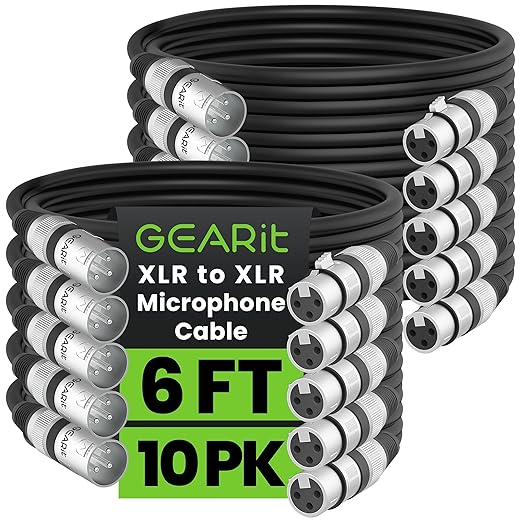 GEARit XLR Male to Female Microphone Cable (6 Feet, 10-Pack) 3-Pin Balanced Shielded Mixer, Recording Studio, Podcast - Black