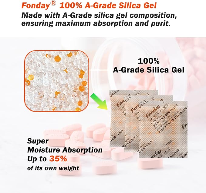 50g x 40 Packs Fonday Rechargeable Silica Gel Desiccant Packets Food Grade Fast Reactivate Desiccant Bags Moisture Indicating Orange to Green for Food Storage, Electronics, 3D Filament & Safes