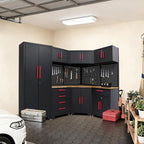 16PCS Corner Garage Storage Cabinet System - Heavy Duty Workshop Set w/Corner Cabinet Includes Workbench, Pegboard & Lockable Drawers | Metal Tool Organization System for Garage/Workshop
