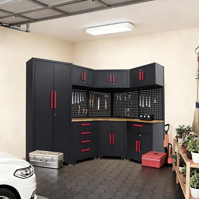 16PCS Corner Garage Storage Cabinet System - Heavy Duty Workshop Set w/Corner Cabinet Includes Workbench, Pegboard & Lockable Drawers | Metal Tool Organization System for Garage/Workshop