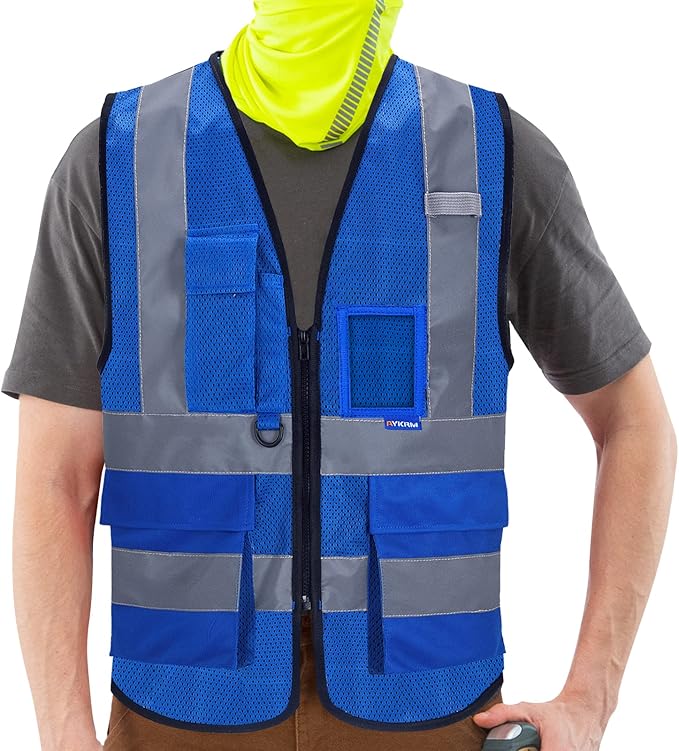 A-SAFETY High Visibility Mesh Safety Reflective Vest with Pockets and Zipper,Hi Viz Work Vest for Men Women (Blue Mesh XL)