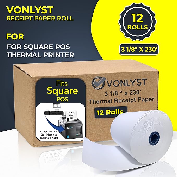 Receipt Paper Roll 3 1/8 x 230 for Square Register and Square POS System connected to Star Micronics Thermal Printer (Pack 12 rolls)