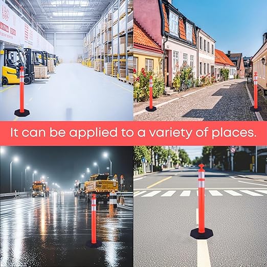 Reflective Rubber Base Traffic Delineator Post - Heavy-Duty Safety Bollards for Parking Lot Markers, Road Construction, Driveway Warning - with Reflective Strips (3 Pack - 45 Inch)
