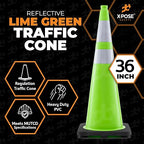Xpose Safety 36” Lime Green Traffic Cone Dual 6" & 4" Reflective Collar – 1 Pack Multipurpose Premium PVC Safety Cone for Parking, Caution, Construction, Road Crews, Emergency Vehicle - DOT Approved