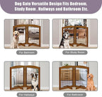 LZRS 2-Panel Freestanding Adjustable Wooden Dog Gate—30” Tall Foldable Pet Barrier with Support Feet, Solid Hardwood & Chew-Resistant Steel Wire for Doorways, Hallways, and Stairs, Oak Cherry
