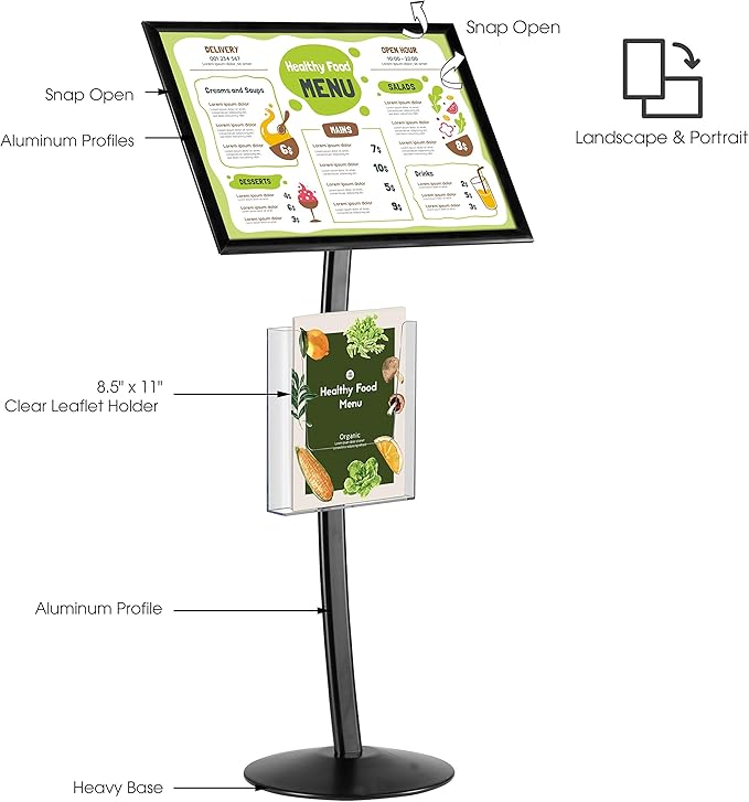 M&T Displays Curved Menu Board 18x24 Inch Pedestal Sign Holder with 8.5x11 Inch Brochure Holder Black Floor Standing Aluminum Front Loading Easy Open Poster Message Advertisement Post