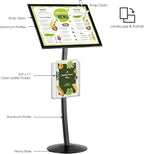 M&T Displays Curved Menu Board 18x24 Inch Pedestal Sign Holder with 8.5x11 Inch Brochure Holder Black Floor Standing Aluminum Front Loading Easy Open Poster Message Advertisement Post