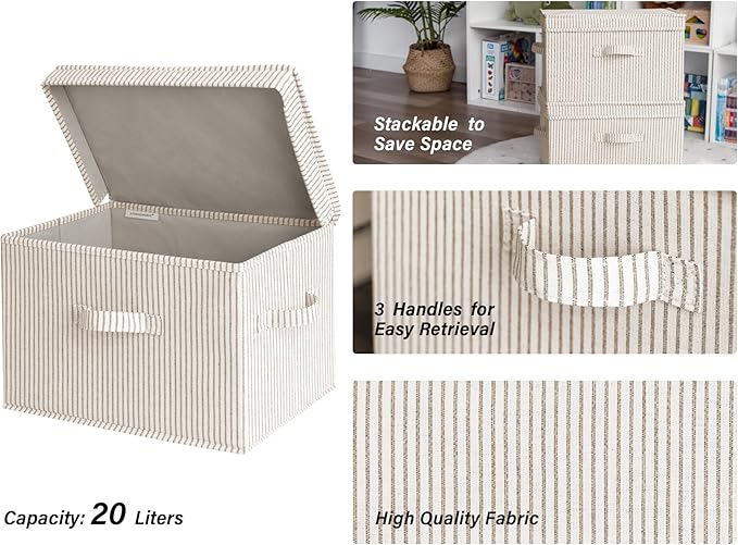 StorageWorks Fabric Storage Bins with Lid, Decorative Storage Boxes for Shelves, Stackable Closet Organizer Basket with Handles, Large, Stripes, 2-Pack